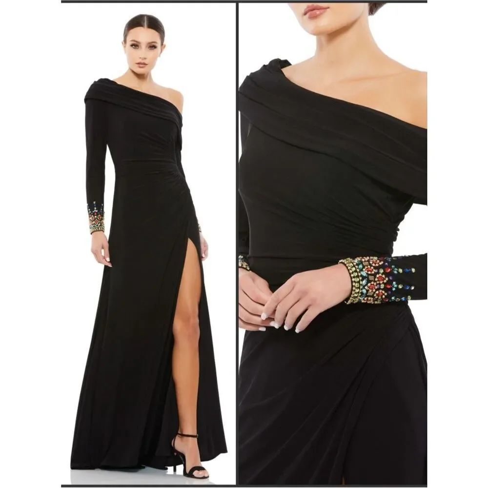 Mac DUGGAL 12231 Black Embellished Cuff One Shoulder Jersey Gown Size 8